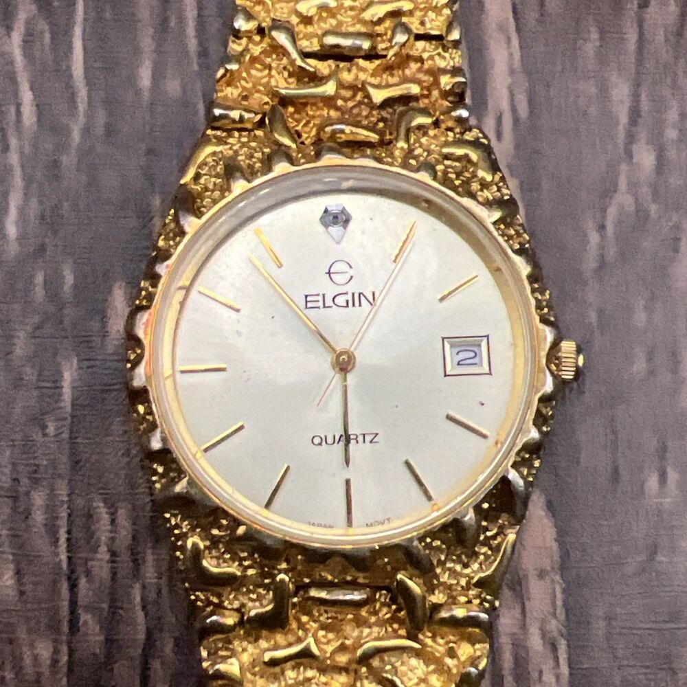 Vintage Elgin Nugget Watch With Date New Battery Runs Missing Back